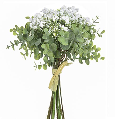 Product Cover Anna Homey Decor Fake Flowers Pack of 1 Flower Bouquets,Total of 6 Baby Breath Flowers and 6 Silver Dollar Eucalyptus Artificial Flowers for Home Office Indoor Outdoor Wedding Aisle Decoration(White)