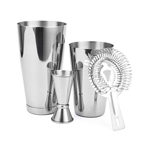 Product Cover Boston Shaker 4 Piece Cocktail Making Set: 18oz Unweighted & 28oz Weighted Professional Bartender Cocktail Shaker Set with Double Jigger and Hawthorne Strainer/Cocktail Recipe Booklet