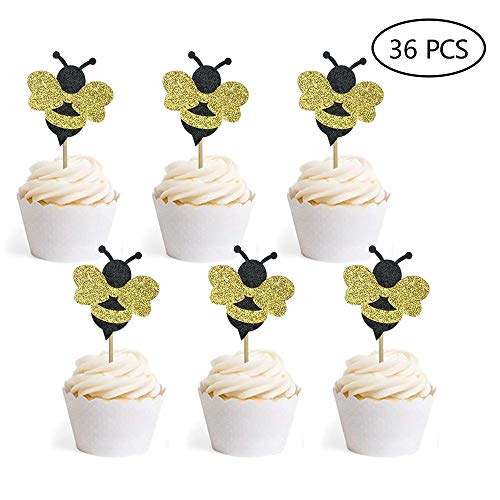 Product Cover 36 PCS Glitter Bumble Bee Cupcake Toppers for Bumble Bee Gender Reveal Baby Shower Birthday Party Decor
