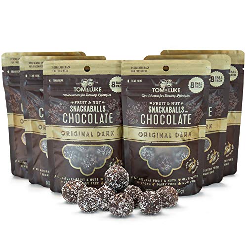 Product Cover Tom & Luke Healthy Snacks (6 Packs x 8 Balls) | Delicious Original Dark Chocolate Snack Balls for Adults | Gluten Free, Dairy Free, Vegan & No Added Refined Sugar | Whole Food Fruit & Nut Energy Boost