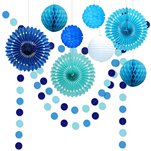 Product Cover 10pcs Under The Sea Theme Blue Party Decorations Kit Boy Birthday Circle Banner Garlands Bunting Paper Fan Flower Pom Poms Decoration/Event Celebration Hanging Decor for Baby Shower/Wedding/Kids Room