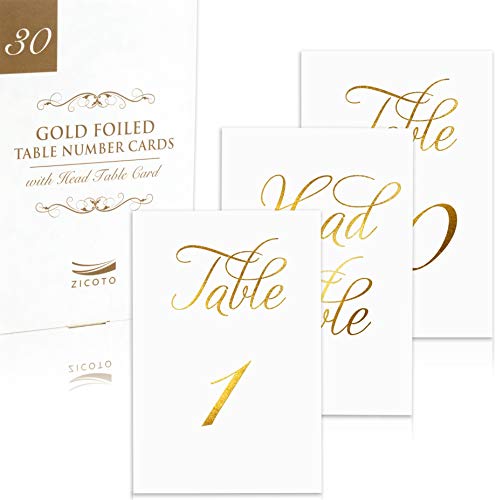 Product Cover Gorgeous Gold Wedding Table Numbers in Double Sided Gold Foil Lettering with Head Table Card - 4 x 6 inches and Numbered 1-30 - Perfect for Weddings and Events