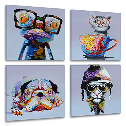 Product Cover Inzlove Animal Oil Painting Print on Canvas Lazy Dog Art Cute Kitty Artwork Happy Frog with Glasses Pictures for Living Room Wall Decor