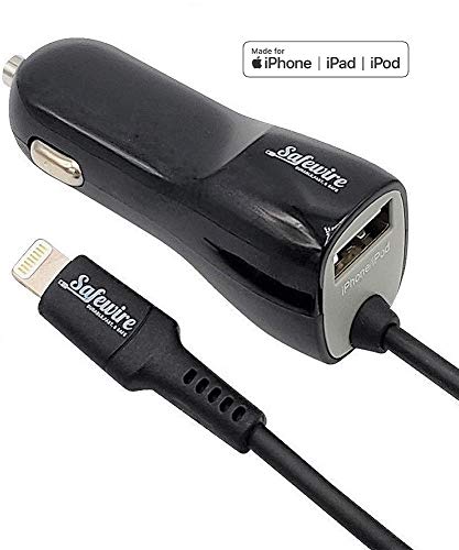 Product Cover Apple Certified iPhone Car Charger - Ultra Durable 4ft Coiled Lightning Cable - 3.4 Amp Rapid Power - for iPhone 11 XS Max XR X 8 Plus 7 6S 6 SE 5S 5C 5 iPad Mini Air Pro iPod - Extra USB Port (Black)