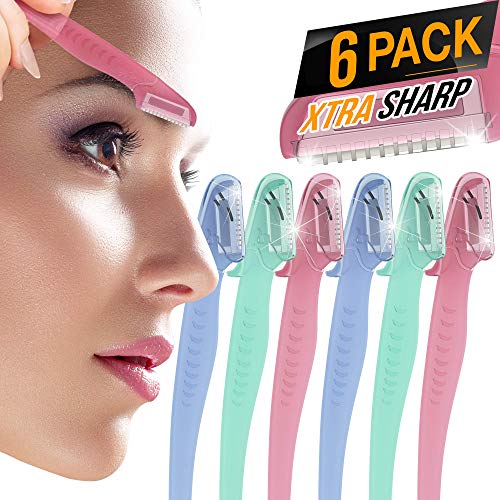 Product Cover 6 Pack Nylea Eyebrow Razor Trimmer [Extra Precision] Disposable Facial Hair Remover, Dermaplaning Shaving Tool - Facial Shave with Precision Cover for Men & Women