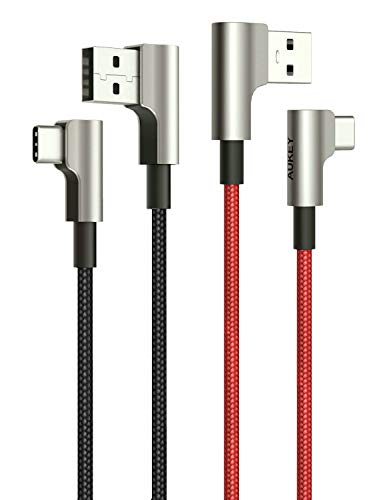 Product Cover Right Angle USB C Cable AUKEY (2 Pack 3.3ft) 90 Degree USB C to A Fast Charging Cable Aramid Fiber Braided Nylon Type C Charger Cord for Samsung Galaxy Note 9 8 S10 S10+ S9 S8+, LG V30, Pixel 2 3 XL