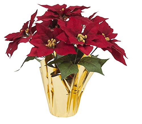 Product Cover Gift Boutique 16 Inch Poinsettia Flowers Plant Pot Artificial Red Christmas Poinsettias Silk with Gold Foil Wrap for Home & Garden Decorations