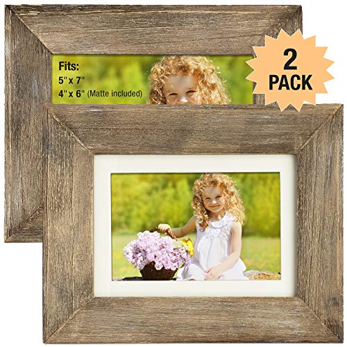 Product Cover Rustic Barnwood Picture Frame Set: Fits 5x7 or 4x6 Photos with included Matte Photo Frames Holder for Wall Desktop or Tabletop Display. Thick Weathered Gray Wood Home Decor. (Pack of 2)