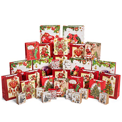 Product Cover 32 Count Christmas Assorted Gift Bags with Handles and Gift Tags Holiday Bulk Wrapping Set Includes 6 Jumbo 8 Large 8 Medium 10 Small Bag Assortment for Kids Goodies Party Favor Boxes Presents