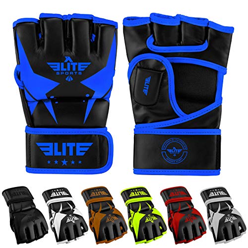 Product Cover Elite Sports MMA UFC Gloves for Men, Women, and Kids, Best Mixed Martial Arts Sparring Training Grappling Fighting Gloves (Blue/Black, Small)