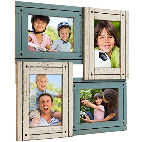Product Cover Collage Picture Frames from Rustic Distressed Wood: Holds Four 4x6 Photos: Ready to Hang. Shabby Chic, Driftwood, Barnwood, Farmhouse, Reclaimed Wood Picture Frame Collage (White & Turquoise)