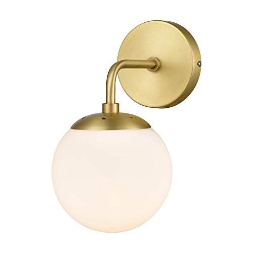 Product Cover Light Society LS-W264-BB-WH Zeno Brushed Brass and White Glass Globe Wall Sconce, Mid Century Modern Retro Vintage Style