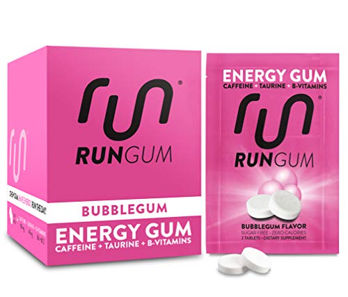 Product Cover RUN GUM Bubblegum Energy Chewing Gum 50mg Caffeine Taurine & B-Vitamins Per Piece, 24 Pieces (Pack of 12) Sugar Free, Zero Calorie, No Aspartame, and Gluten Free
