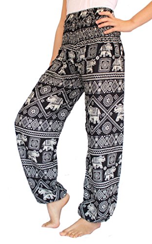 Product Cover Banjamath? Women's Smocked Waist Harem Hippie Boho Yoga Palazzo Casual Pants (Medium (US Size 6-10), Elephant Black)