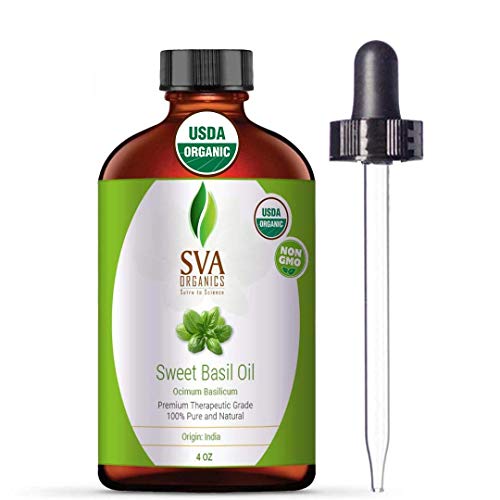 Product Cover SVA Organics Sweet Basil Oil 4 Oz Organic USDA Certified 100% Pure Natural Premium Grade For Skin, Hair, Scalp, Massage & Aromatherapy
