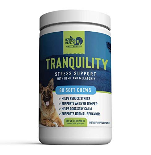 Product Cover Ikarian Health - Tranquility Calming Aid for Dogs - Hemp, Melatonin, Chamomile, Passion Flower - Composure Anxiety and Stress Support for Travel, Fireworks, Separation or Storms - 60 Soft Chew Treats