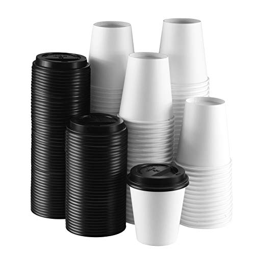 Product Cover NYHI 10 oz. White Paper Disposable Cups with Black Lids - Hot/Cold Beverage Drinking Cup for Water, Juice, Coffee or Tea - Ideal for Water Coolers, Party, or Coffee On The Go