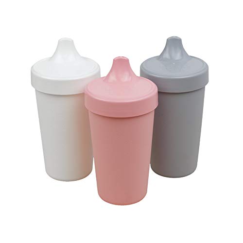 Product Cover Re-Play Made in The USA 3pk Toddler Feeding No Spill Sippy Cups for Baby, Toddler, and Child Feeding - Blush, Grey, White (Modern Pink) Durable, Dependable and Toddler Tough Sippy Cups