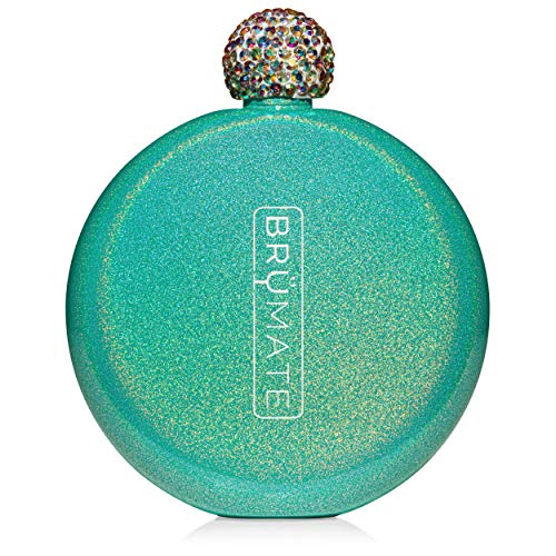 Product Cover Brümate Holographic Glitter Spirit Flask - 5oz Stainless Steel Pocket & Purse Liquor Flask with Rhinestone Cap - Cute, Girly & Discreet for Drinking - Perfect Gift for Women (Glitter Peacock)