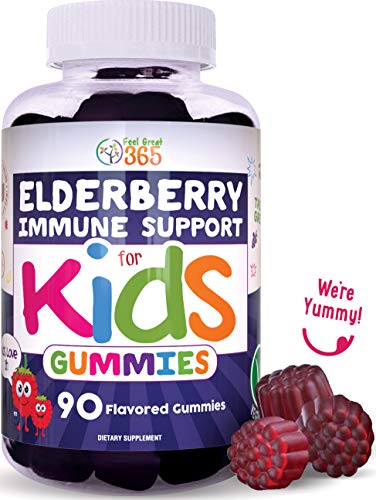 Product Cover Elderberry Gummies for Kids by Feel Great 365 (90 Servings) with Immune Support* | Gluten Free Plant & Pectin Based Formula | Immunity Support with Vitamin C and Zinc | Sambucus Nigra Supplement