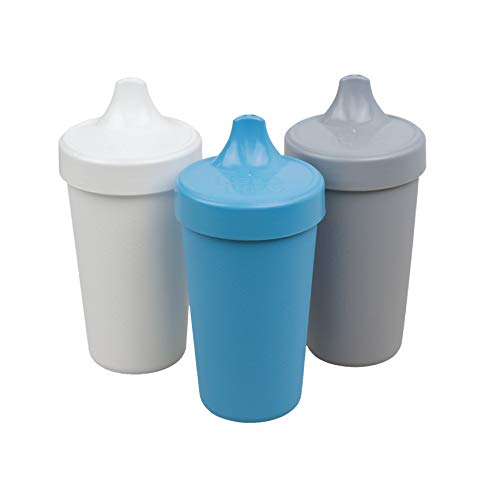 Product Cover Re-Play Made in The USA 3pk Toddler Feeding No Spill Sippy Cups for Baby, Toddler, and Child Feeding - Sky Blue, Grey, White (Modern Blue) Durable, Dependable and Toddler Tough Sippy Cups