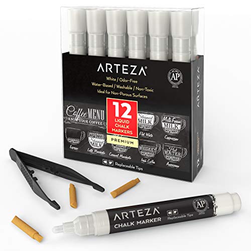 Product Cover ARTEZA Liquid Chalk Markers Set of 12 (White Color, 12 Replaceable Chisel Tips, 1 pc Tweezers) - Washable - Water-Based - White Liquid Chalkboard Markers