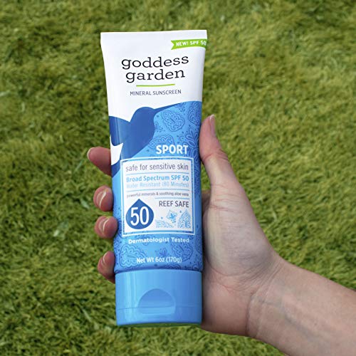 Product Cover Goddess Garden - Sport SPF 50 Mineral Sunscreen Lotion - Sensitive Skin, Reef Safe, Sheer Zinc, Broad Spectrum, Water Resistant, Unscented, Non-Nano, Vegan, certified Cruelty-Free - 6 oz Tube