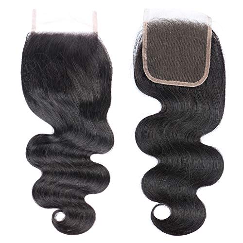 Product Cover 8A Brazilian Closure Body Wave 100% Unprocessed Virgin Human Hair Lace Closure 4X4 Free Part Natural Black (12''Closure, Body Wave)