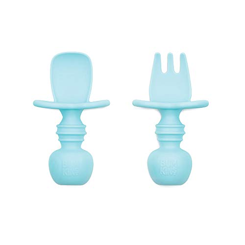 Product Cover Bumkins Silicone Chewtensils, Baby Fork and Spoon Set, Training Utensils, Baby Led Weaning Stage 1 for Ages 6 Months+ in Blue