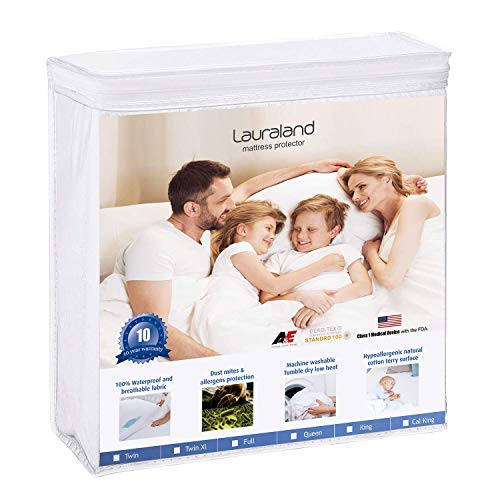 Product Cover Lauraland California King Size Mattress Protector, Hypoallergenic Breathable Waterproof Mattress Cover, Vinyl Free Soft Cotton Terry Surface Protector, White