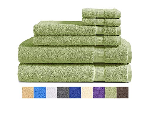 Product Cover 100% Cotton 6-Piece Towel Set (Sage Green): 2 Bath Towels, 2 Hand Towels and 2 Washcloths, Classic Amercian Construction, Soft, Highly Absorbent, Machine Washable