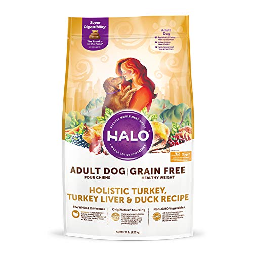 Product Cover Halo, Purely for Pets 39214 Halo Grain Free Natural Dry Dog Food, Healthy Weight Turkey, Liver & Duck Recipe, 21 lb Bag, Brown