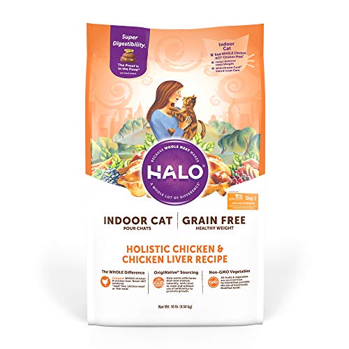 Product Cover Halo, Purely for Pets 35202 Halo Grain Free Natural Dry Cat Food, Indoor Healthy Weight Chicken & Chicken Liver 10 lb Bag, Brown