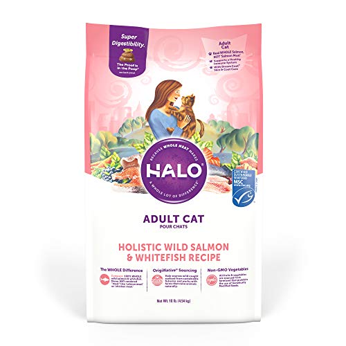Product Cover Halo, Purely for Pets 35221 Halo Natural Dry Cat Food, Wild Salmon & Whitefish Recipe, 10 lb Bag, Brown