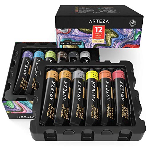 Product Cover ARTEZA Metallic Acrylic Paint, Set of 12 Colors/Tubes (22 ml, 0.74 oz.) with Storage Box, Rich Pigments, Non Fading, Non Toxic Paints for Artist, Hobby Painters & Kids, Ideal for Canvas Painting
