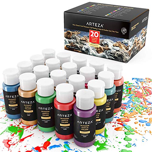 Product Cover ARTEZA Outdoor Acrylic Paint, Set of 20 Colors/Tubes (59 ml, 2 oz.) with Storage Box, Rich Pigments, Multi-Surface Paints for Rock, Wood, Fabric, Leather, Paper, Crafts, Canvas and Wall Painting