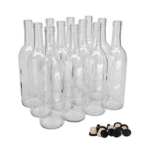 Product Cover 750ml Clear Glass Bordeaux Wine Bottles Cork Finish Case of 12 with 12 Tasting Corks