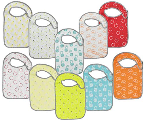 Product Cover Baby Lounge Big Large Babies to Toddler Bib 10-Pack Extra Coverage - Soft Drool Absorbing, Easy to Clean (Fruit Prints, 6 to 24 Months)