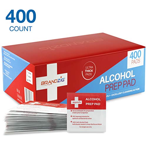 Product Cover Brandzig Sterile Alcohol Prep Pads (400-Pack) | Thick 2-Ply Antiseptic/Sanitizing Isopropyl Medical Wipes | Individually Wrapped Alcohol Cleansing Swabs for Antibacterial Protection, Diabetic Supplies