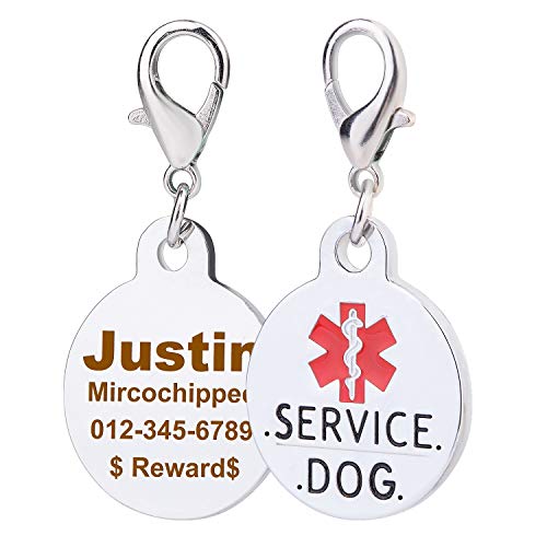 Product Cover Personalized Service Dog Tags with Red Medical Alter Symbol, Stainless Steel Custom Engraved Dog Tags,1.0 inch Round for Small Young Dogs