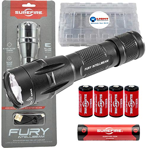 Product Cover SureFire Fury Intellibeam 1500 Lumen Tactical Flashlight (Fury-IB-DF) BUNDLE with 4 Extra SureFire CR123A batteries and a Lightjunction Battery Case