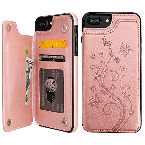 Product Cover Vaburs iPhone 7 Plus iPhone 8 Plus Case Wallet with Card Holder, Embossed Butterfly Premium PU Leather Double Magnetic Buttons Flip Shockproof Cover for iPhone 7/8 Plus Case (Rose Gold)