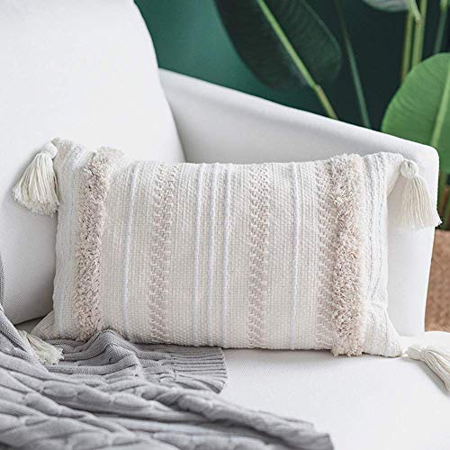 Product Cover blue page Lumbar Small Decorative Throw Pillow Covers for Couch Sofa Bedroom Living Room, Woven Tufted Boho Pillows Cover with Tassels, Cute Farmhouse Pillows Case (12X20 inch, Cream)