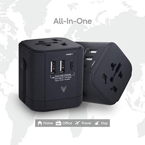 Product Cover Robobull Blaze Universal International Travel Adapter 2 Port/USB with One Type-C Wall Charger Worldwide AC Outlet Plugs for Europe, UK, US, AU, Asia Black