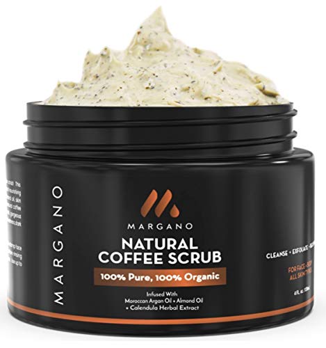 Product Cover Natural Coffee Face & Body Scrub. Energizing Gentle Exfoliant w/Coffee, Calendula, Moroccan Argan Oil, Almond Oil, Shea Butter| Anti Acne, Blackheads, Scars, Stretch Marks. Ultra Hydrating.