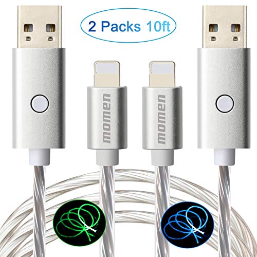 Product Cover Lighted iPhone Charger Cable 10ft 2Pack Momen Fast Sync Charging Cable LED Flowing Light Charging Cord Compatible with iPhone 11/11 Pro/11 Pro Max/X/Xr/8/8 Plus/7/7 Plus/6s/6 and More(Blue & Green)