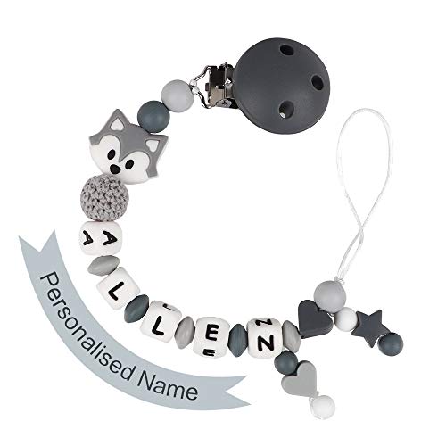 Product Cover Pacifier Clip Personalized Name, MCGMITT Customized Fox Binky Holder Teething Silicone Beads for Baby Girls Boys (Grey)