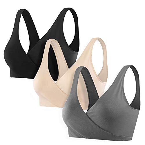 Product Cover Sunzel Women's Cotton Spandex Seamless Sleep Bra for Nursing and Maternity [2019 Upgraded Version] (XL, 3 Pack (Beige, Gray, Black))
