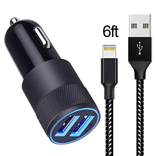 Product Cover Car Charger Compatible with iPhone XR/XS MAX/X / 8/8 Plus / 7/6 / 6s Plus 5S 5 5C SE,iPad,iPad Mini and More, 3.1A Dual Port USB Car Charger Adapter with 6ft Nylon Braided Charging Cable