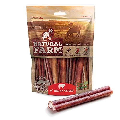 Product Cover Natural Farm 6-Inch Bully Sticks (25-Pack) All-Natural, Farm-Raised Beef Dog Treats | Odor-Free, Grain-Free | Fully Digestible Chews for Small, Medium, Large Breeds